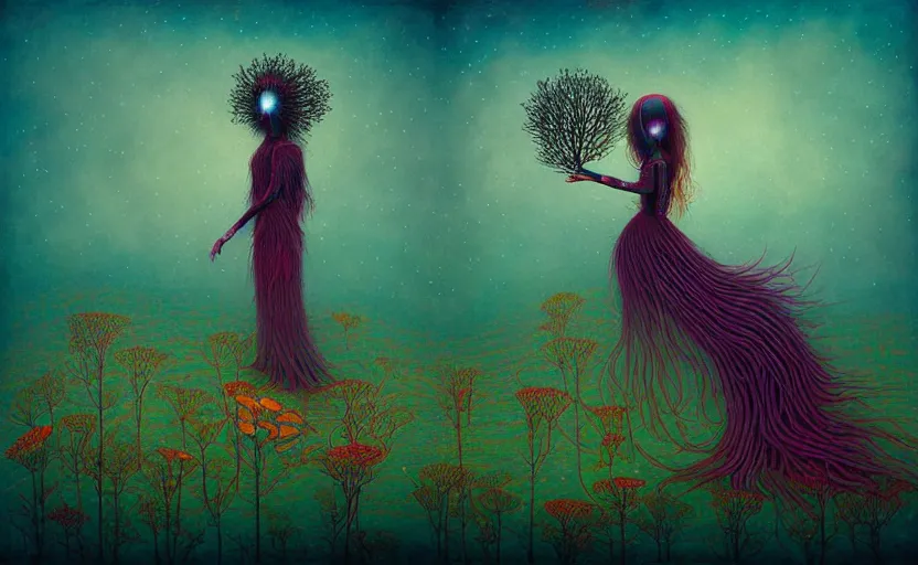 Image similar to surreal psychedelic androids, nostalgia for a fairytale, magic realism, flowerpunk, mysterious vivid colors by andy kehoe and amanda clarke, highly detailed, insane details