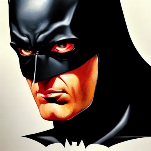 Image similar to An ultra-realistic portrait painting of Batman in the style of Alex Ross. 4K. Ultra-realistic. Extremely detailed. Epic lighting. Award-winning