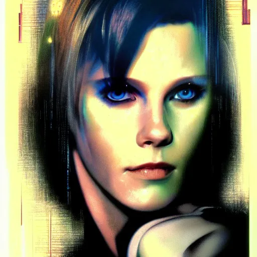 Image similar to Molly from the novel Neuromancer, eye implants, portrait shot, cyberpunk, movie still, poster art by Drew Struzan