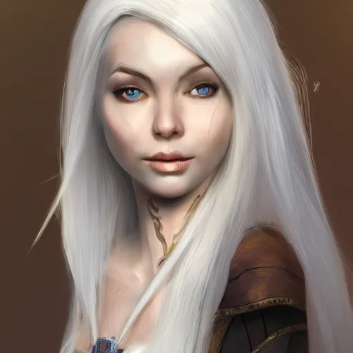Prompt: portrait of a female half - elf with white skin, white hair, white eyes without pupils, short wavy hair, eyebrow scar, trending on artstation, ethereal, gentle smile, friendly, glowing, angled