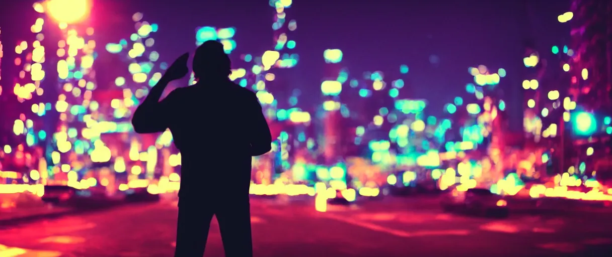 Image similar to one man silhouette standing in front of a cyberperunk city, neon lights, night, very beautiful, trending on deviantart, movie still, bokeh