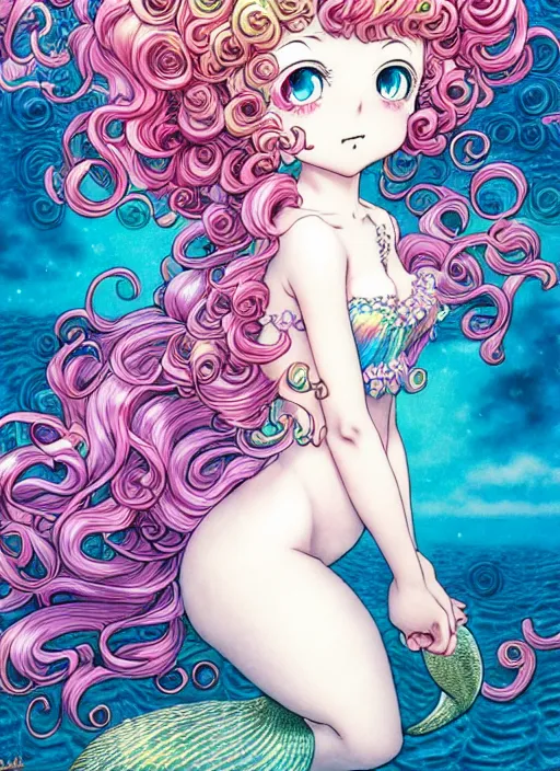 Prompt: manga of beautiful mermaid girl, curls hair, rococo ruffles dress, pastel rainbow, pearlescent, shimmering, reflective, rim light, detailed background, by takeshi obata, katsuhiro otomo, takato yamamoto, illustration, dark fantasitc, artstation, concept art, highly detailed, colorful, maximalist