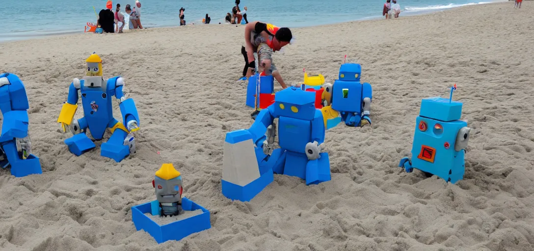 Image similar to robots building 1:1 scale sandcastles at the beach