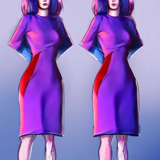 Prompt: twins wearing a purple and blue dress, full body shot, red hair, highly detailed, digital painting, artstation, concept art, smooth, sharp focus, illustration