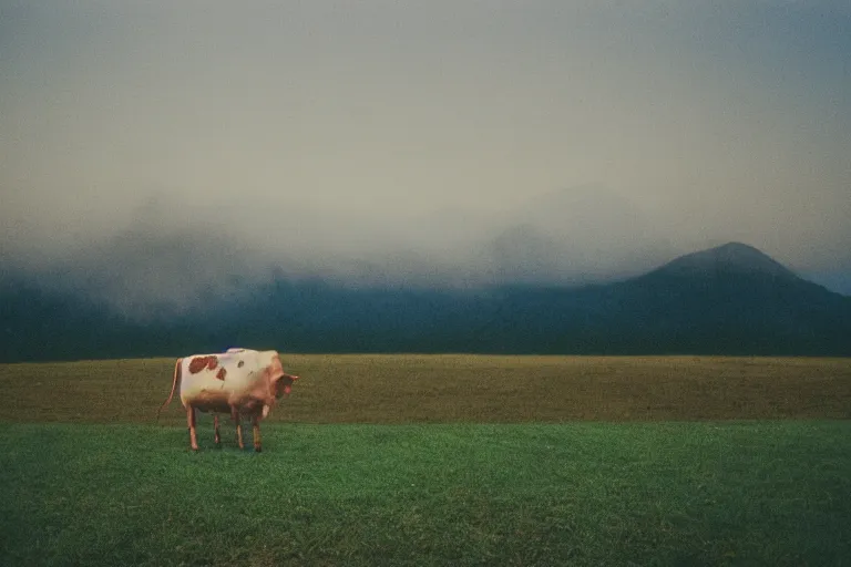 Image similar to film color photography, cow in the blue fog at the lawn, mountains in distance, 35mm