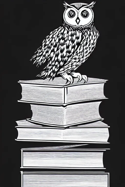 Image similar to owl perched on a stack of books, art by albrecht durer, woodblock print, black and white, vector, vector art