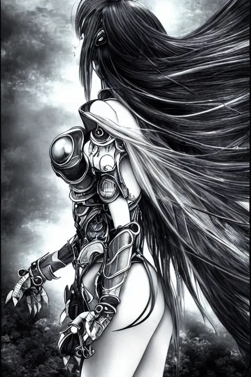 Image similar to a vertical portrait of a character in a scenic environment by Yoshitaka Amano, black and white, dreamy, cybernetic armor, wavy long black hair, highly detailed