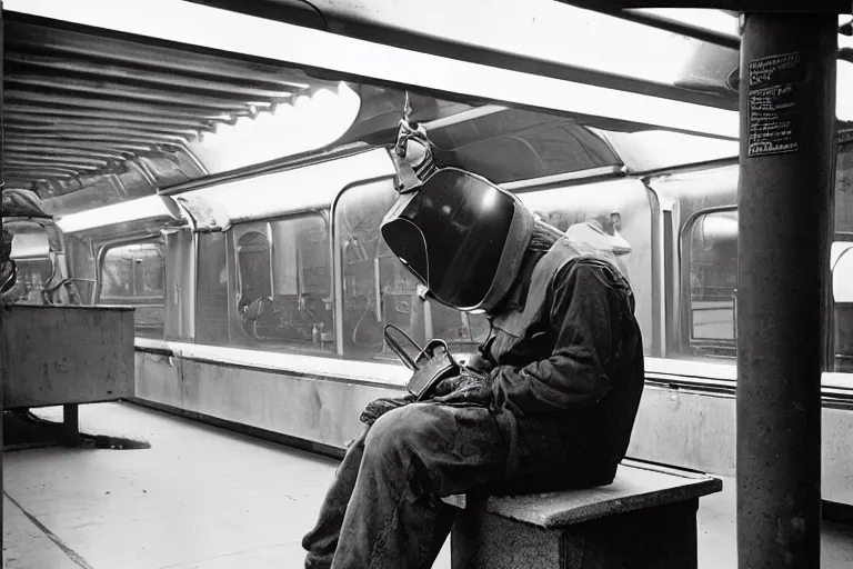 Prompt: Welder in welding mask in a subway, by Richard Avedon, tri-x pan stock