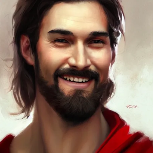 Prompt: portrait of a tall and handsome man is smiling, his face is like pure jade, his chest is bare, and he wears a red robe and his hair is disheveled, digital art painting by greg rutkowski, very attractive