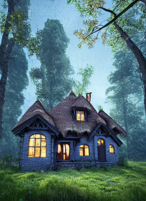 Image similar to hyper realistic homely ornate witch cottage architectural, in the woods gorgeous lighting, blue sky, highly detailed, lush forest architectural render, octane render, ue 5 raytraced