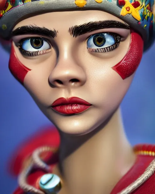 Image similar to closeup face profile portrait of cara delevingne as a tin toy swim champ, bikini, depth of field, zeiss lens, detailed and intricate environment, fashion photoshoot by nicoletta ceccoli, mark ryden, lostfish, breathtaking, 8 k resolution, artistic, hyperrealistic, octane render