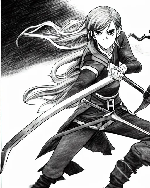 Image similar to a very detailed pencil drawing of emma watson in demon slayer manga panel, action lines, in field, back light, sword slash, high resolution, dynamic pose, landscape, full body, action, sword, hyper realistic, manga, koyoharu gotouge, sakuga