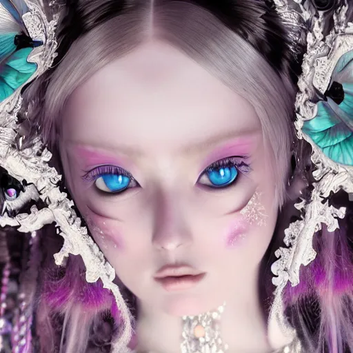 Image similar to Ethereal, mysterious stunning maximalist mesmerizing girl from the rainbow sky paradise, high-tech, professional high fashion model photo shoot for Victorian gothic lolita fashion, hyperdetailed by Mark Ryden and artgerm and Hiroyuki-Mitsume Takahashi, close-up 35mm macro shot, hyperrealism, 8k resolution 3D, cinematic, dynamic lighting, octane render, unreal engine 5