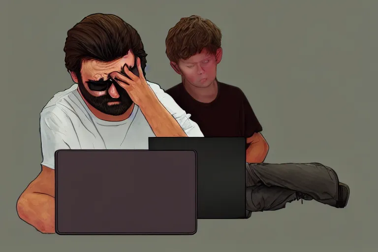 Prompt: hangover man sitting behind laptop and sad crying kid staying near the man. high detail, trending on artstation