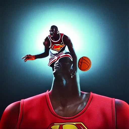 Image similar to “hyperrealistic mixed media high resolution image of michael jordan wearing a superman suit dunking a basketball, stunning 3d render inspired art by István Sándorfi and Greg Rutkowski and Unreal Engine, perfect symmetry, dim volumetric lighting, 8k octane beautifully detailed render, post-processing, extremely hyper-detailed, intricate, epic composition, highly detailed attributes, highly detailed atmosphere, cinematic lighting, masterpiece, trending on artstation, very very detailed, masterpiece, stunning, flawless structure, lifelike texture, perfection,”