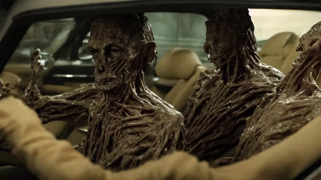 Image similar to the creature sits in a car, made of wax and metal, they look me in the eye, film still from the movie directed by Denis Villeneuve and David Cronenberg with art direction by Salvador Dalí, wide lens