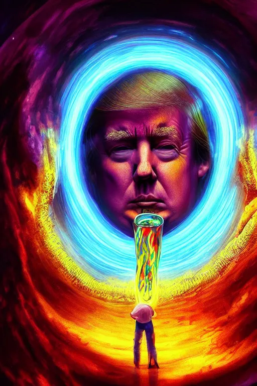 Image similar to psychedelic portrait of trump drinking ayahuasca in a wormhole, psychedelic,, dramatic lighting, concept art, beautiful, artstation