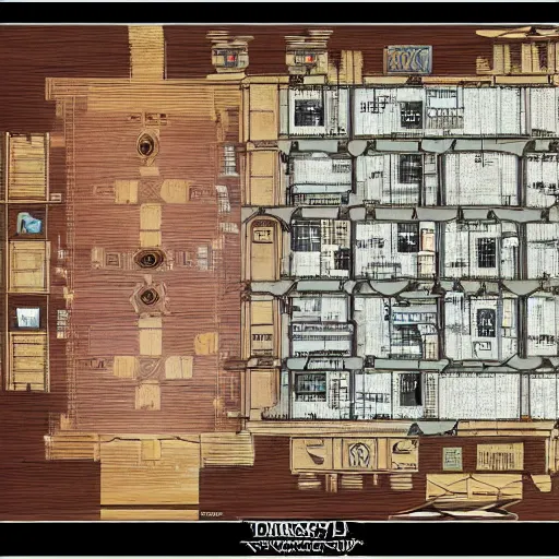 Image similar to full - color floor plan map of a fantasy tavern, hardwood floor, by greg rutkowski and james gurney, trending on artstation