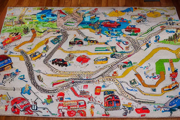 Prompt: an elaborate kids road map carpet rug, detailed, made of alcohol ink on parchment and penned illustrations, by wes anderson and geoff darrow!!!!!