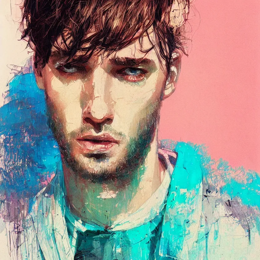 Image similar to close up portrait painting of a male musician in nineties street styling, concept art, intricate details, aesthetically pleasing pastel colors, art by conrad roset, impressionism, portrait