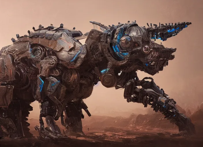 Image similar to detailed full body concept art illustration oil painting of a robotic animal with intricate fur and armor, ultra detailed, digital art, octane render, dystopian, zero dawn, 4k
