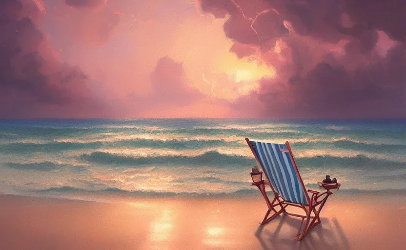 Image similar to painting of a beach chair at sunset with heavy thunderstorm in background, natural light, concept art, by greg rutkowski, cozy atmospheric and cinematic lighting