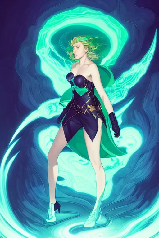 Image similar to style artgerm, joshua middleton, illustration, scarlett johansson as mage wearing green pelt light armor, anime eyes, blue hair, swirling water cosmos, fantasy, dnd, cinematic lighting