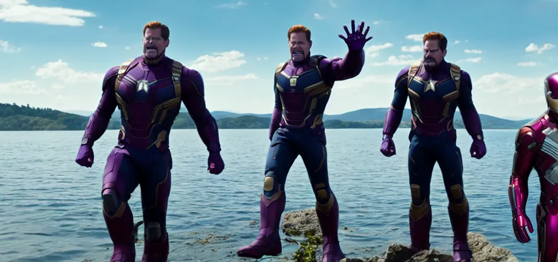 Image similar to a very high resolution image from a new movie. thanos waving at tony stark while capitan america watches on a lake, photorealistic, photography, directed by wes anderson