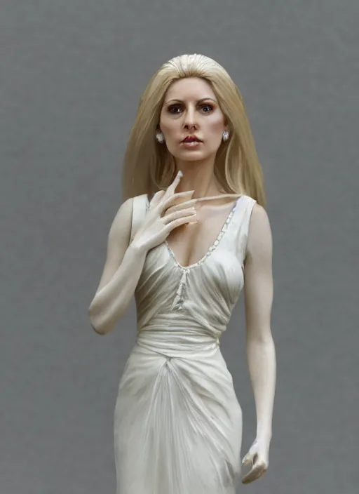 Prompt: 80mm resin detailed miniature of a beautiful mature lady, clothed in white dress, olive skin, long blond hair, beautiful bone structure, symmetrical facial features, Product Introduction Photos, 4K, Full body