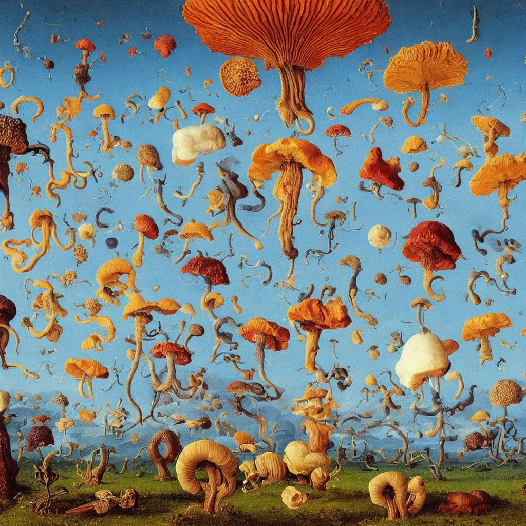 Prompt: a single! colorful! ( lovecraftian ) fungus frame white! clear empty sky, a high contrast!! ultradetailed photorealistic painting by jan van eyck, audubon, rene magritte, agnes pelton, max ernst, walton ford, andreas achenbach, ernst haeckel, hard lighting, masterpiece