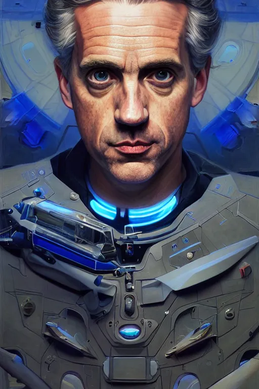 Image similar to portrait of Jordan Peterson as a futuristic airforce, inside future fighter, sci-fi, fantasy, intricate, very very alpha and sigma, elegant, human anatomy, royal blue light, highly detailed, digital painting, artstation, concept art, smooth, sharp focus, illustration, art by tian zi and WLOP and alphonse mucha