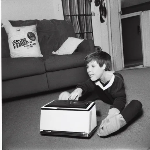 Image similar to Kid unwrapping a Playstation 4 on Christmas, 1980's Polaroid photograph