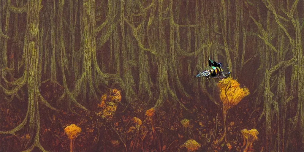 Image similar to painting in style of beksinski featuring a honey bee lost in the forest