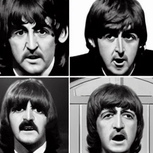 Image similar to the beatles cgi monstrosity four heads and one body nightmare scary