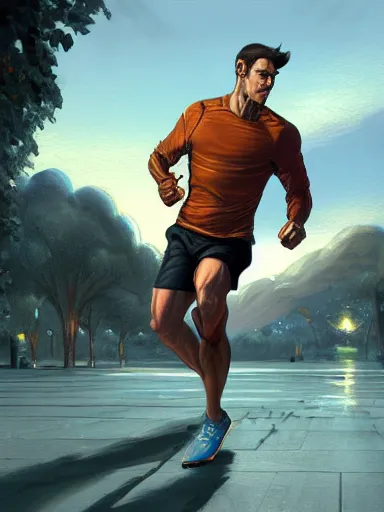 Image similar to a handsome man jogging. intricate, elegant, highly detailed, digital painting, artstation, cinematic shot, concept art, sharp focus, illustration, by justin gerard and artgerm, 8 k