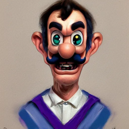 Image similar to portrait painting waluigi, silly, angry, rolling his eyes, painted by greg rutkowski,