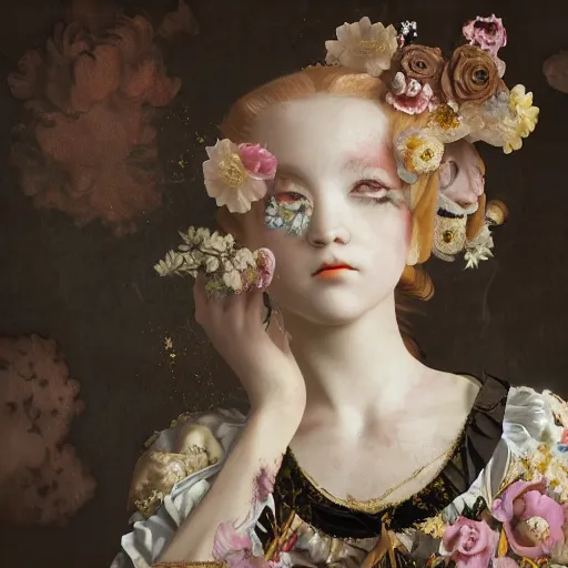 Image similar to 8k, octane render, realism, tonalism, renaissance, rococo, baroque, portrait of a young lady wearing long harajuku manga dress with flowers and skulls, background chaotic gold leaf flowers