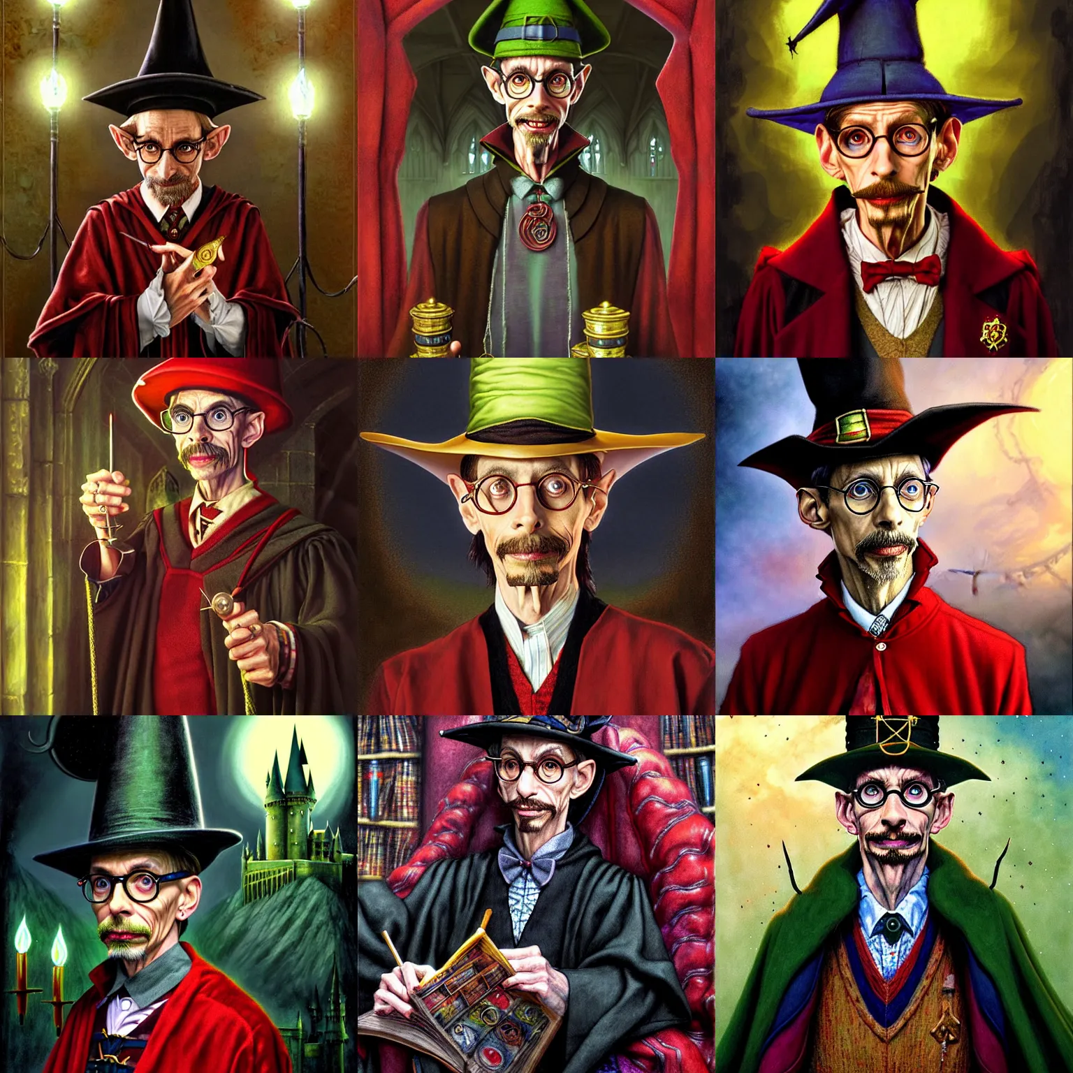 Prompt: Portrait of Rincewind as a neurotic Professor of Defence Against the Dark Arts at Hogwarts School of Witchcraft and Wizardry, detailed, hyperrealistic, colorful, cinematic lighting, digital art by Paul Kidby