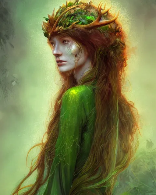 Prompt: female druid, perfect face, thin antlers, green tunic, ginger hair, cinematic, freckles, stunning, highly detailed, psychedelic, digital painting, artstation, smooth, hard focus, illustration, art by jessica rossier and and brian froud