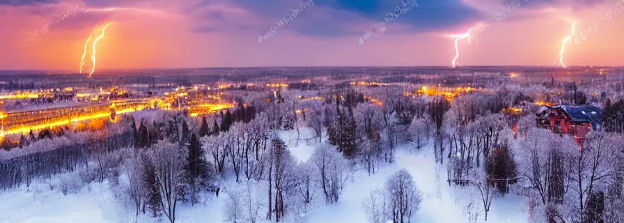 Image similar to view on sleeping district in province russian town at morning sunrise, doomer romantic lightning, squared buildings, trees