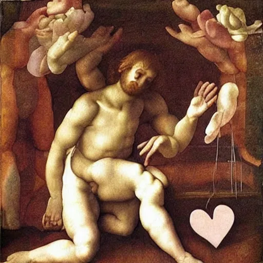 Prompt: atmospheric beautiful men's fingers are folded in the form of a loving heart in a bright spring room, wrote renaissance michelangelo