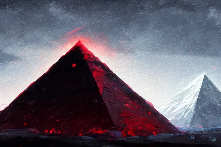 Prompt: concept art painting of a black lovecraftian obsidian pyramid!! on a snowy mountaintop, night, red lightning!!, dynamic lighting, vibrant, realistic, detailed, dark, in the style of makoto shinkai and greg rutkowski and james gurney