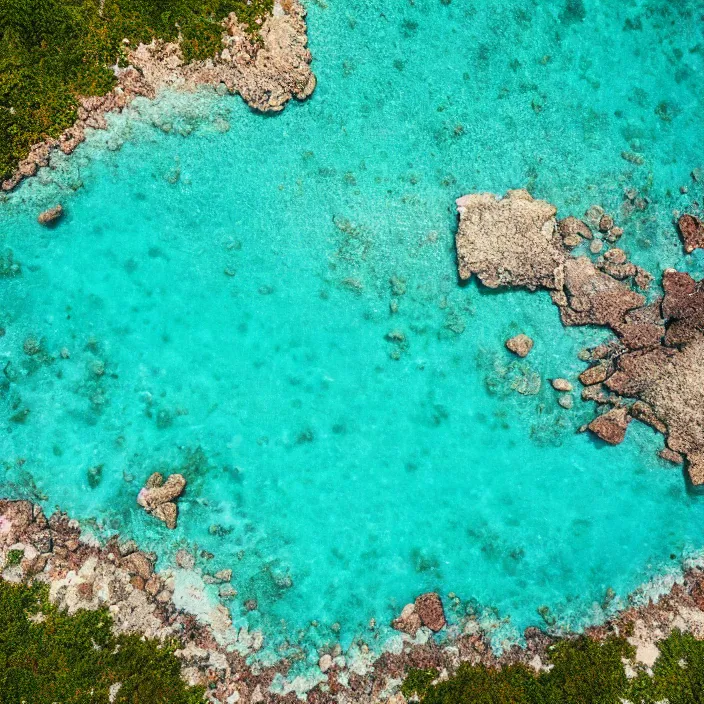 Prompt: an aerial perspective of a crystal clear bay, beach, turquoise ocean, photo - realistic, highly detailed, calm, serene