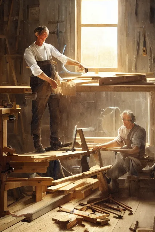 Image similar to simple craftsman fine woodworker building a wooden table in their well lit clean open workshop, thomas lawrence, greg rutkowski