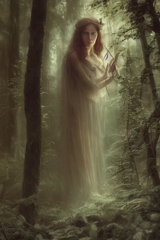 Image similar to A beautiful fairy princess(looking like Rose Byrne), in a dark forest, telephoto close up, cool tones, underexposed, overecast, mysterious matte painting by greg rutkowski and marc simonetti and Ivan Shishkin and christophe Vacher, 4k