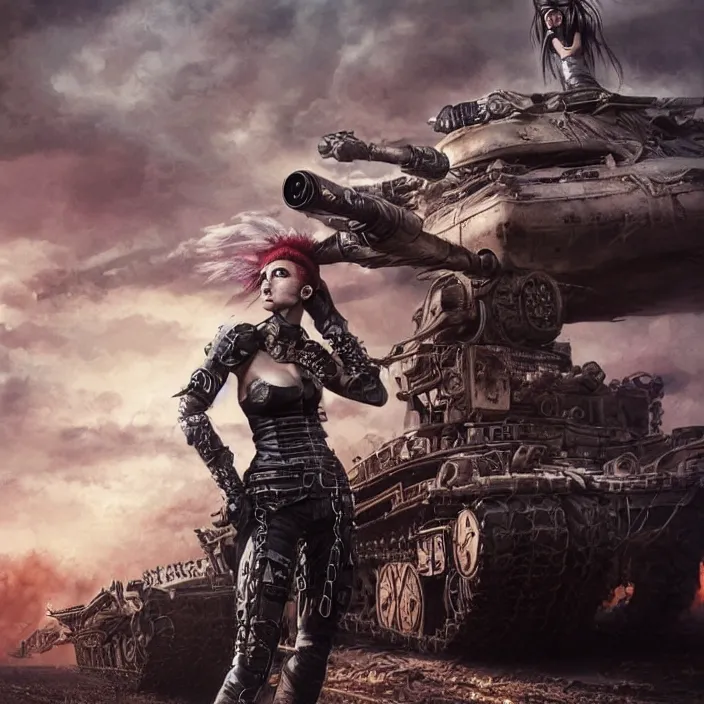 Prompt: beautiful apocalyptic woman with Mohawk, standing on mad max panzer tank, hyper-detailed, smooth, sharp focus, 4k ultra hd, fantasy dark art, tank girl, artgerm, artstation, octane render, elegant, detailed digital painting, apocalyptic art