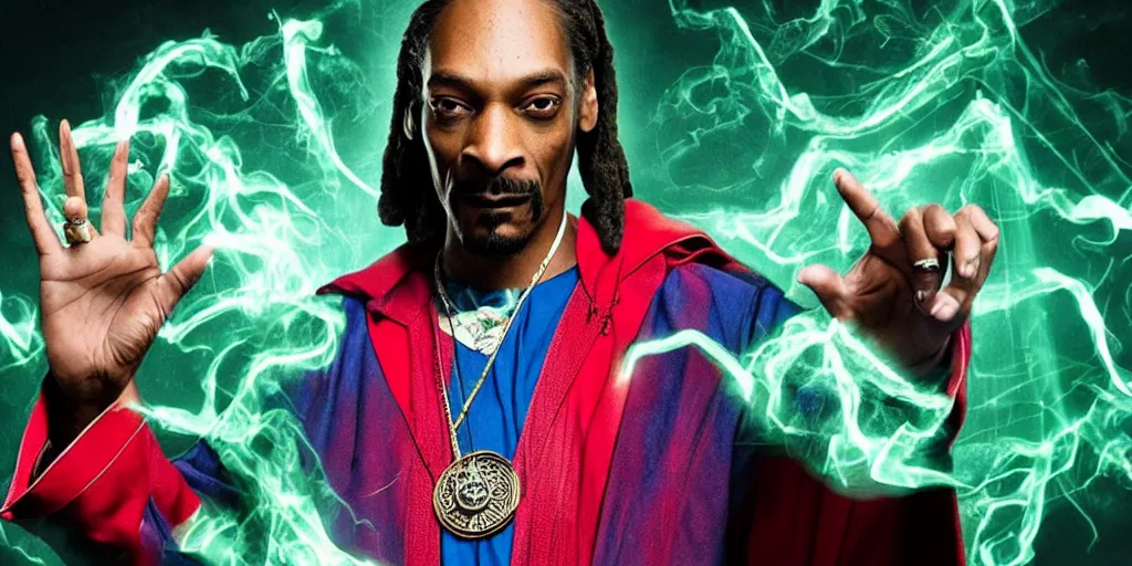 Image similar to snoop dogg as the doctor strange, marijuana leaves, green light, highly detailed, marvel cinematic universe, mcu, photo