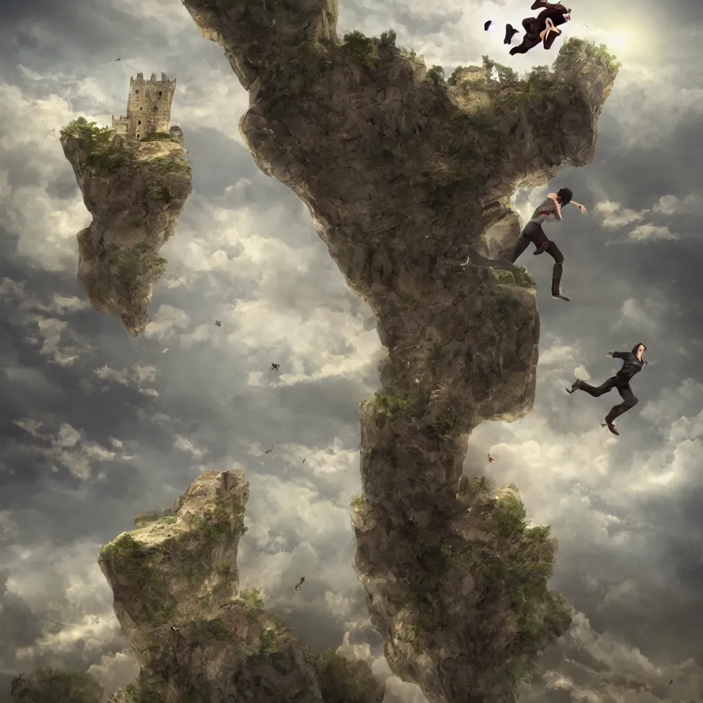 Image similar to full body of one man jumping from a castle in the air, digital art, 3 d