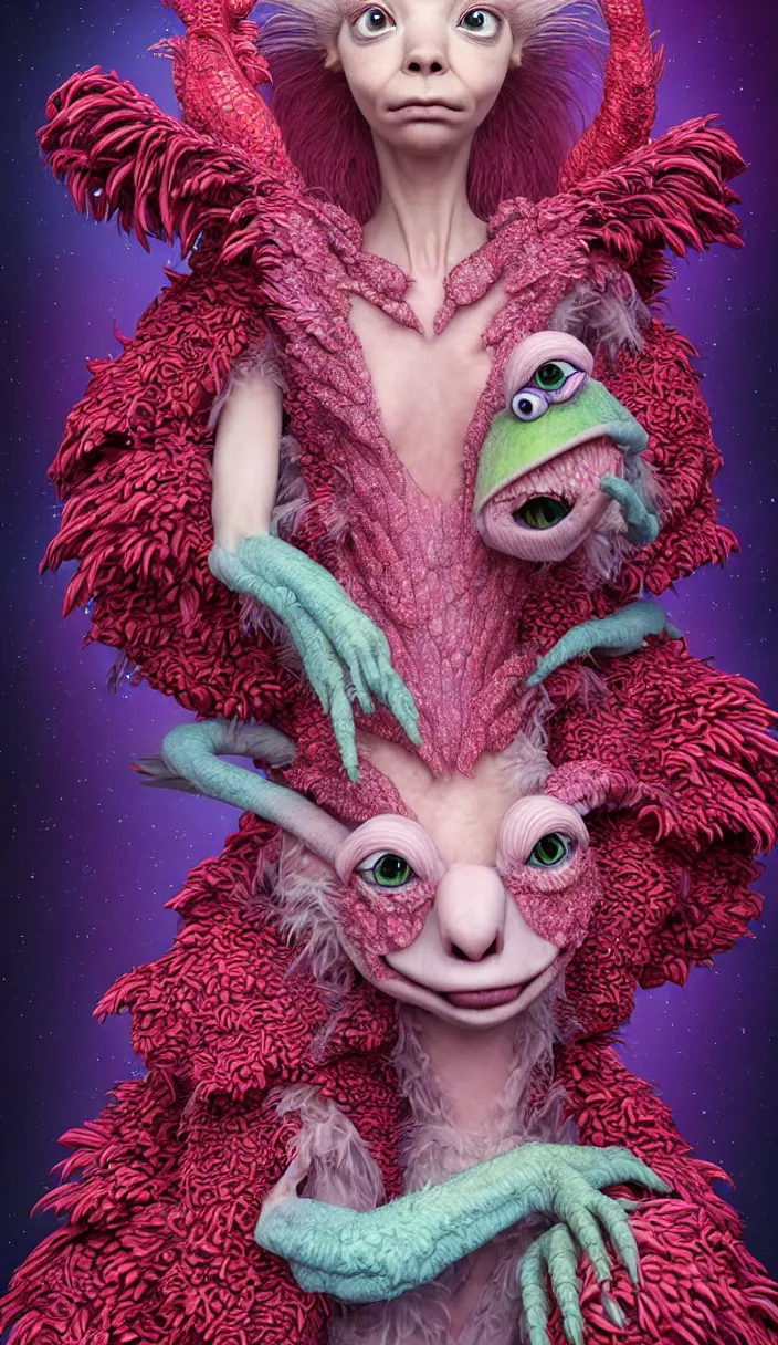 Prompt: hyper detailed 3d render like a Oil painting - kawaii portrait Aurora (a beautiful skeksis muppet fae queen from dark crystal that looks like Anya Taylor-Joy) seen red carpet photoshoot in UVIVF posing in scaly dress to Eat of the Strangling network of yellowcake aerochrome and milky Fruit and His delicate Hands hold of gossamer polyp blossoms bring iridescent fungal flowers whose spores black the foolish stars by Jacek Yerka, Ilya Kuvshinov, Mariusz Lewandowski, Houdini algorithmic generative render, Abstract brush strokes, Masterpiece, Edward Hopper and James Gilleard, Zdzislaw Beksinski, Mark Ryden, Wolfgang Lettl, hints of Yayoi Kasuma, octane render, 8k