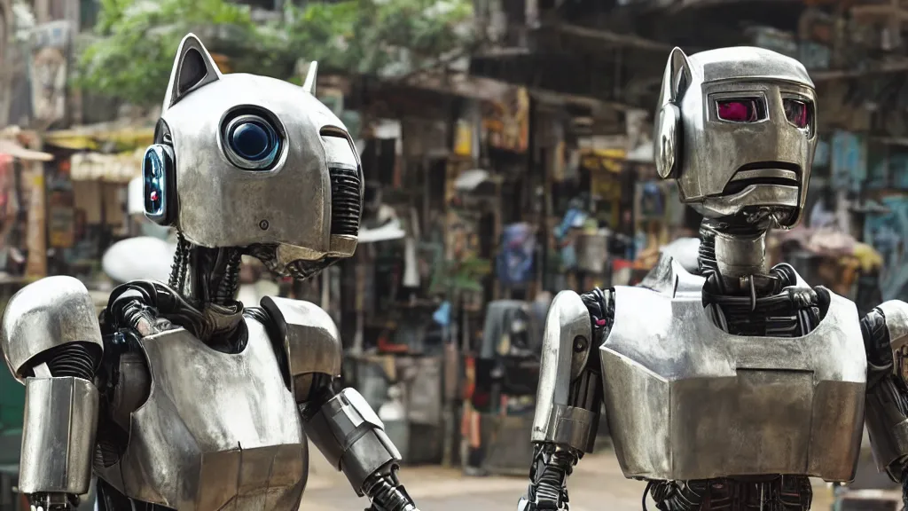 Image similar to film still from the movie chappie of the robot chappie shiny metal outdoor market scene bokeh depth of field furry anthro anthropomorphic stylized cat ears head android service droid robot machine fursona